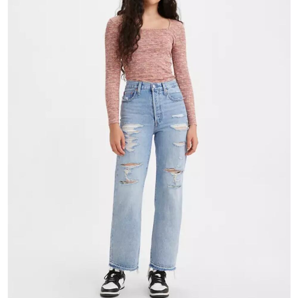 Levi's Ribcage Straight Ankle Jeans 26 Distressed Light Blue
